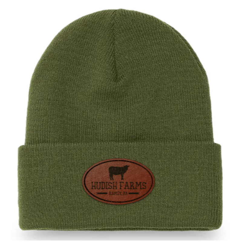 Leather Patch Beanie (Olive with Brown Leather) Main Image